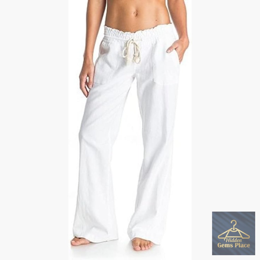Linen Blend Casual Pants With Elastic Waist, Flared Leg, Beach Coverup